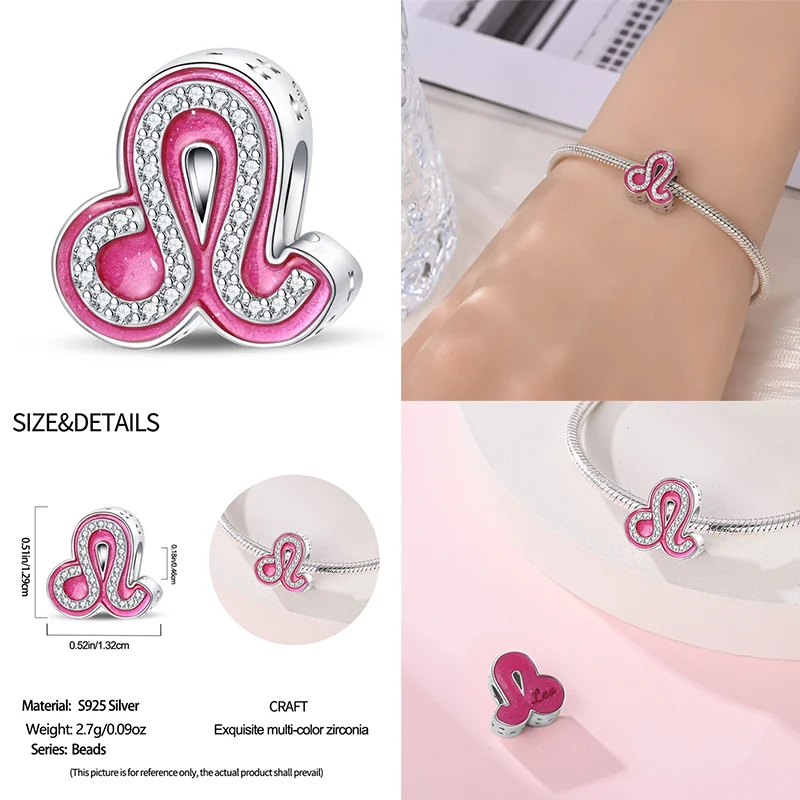 925 Sterling Silver Pink Zircon 12 Zodiac Signs Charms | Fit Original Pandora Bracelets DIY Jewelry Gift for Women