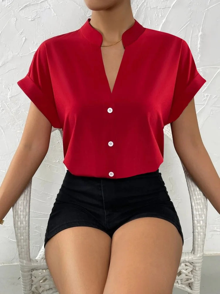 Women’s Summer V-Neck Blouse 2024 – Solid Color Short Sleeve Button Office Top 👚☀️