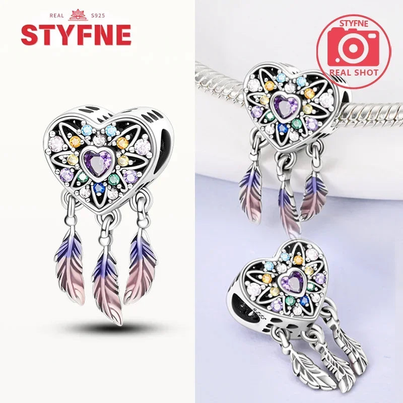 925 Sterling Silver Colorful Zircon Heart Dreamcatcher Charm – Feather Beads Fit Original Pandora Bracelet DIY Jewelry Gift for Women