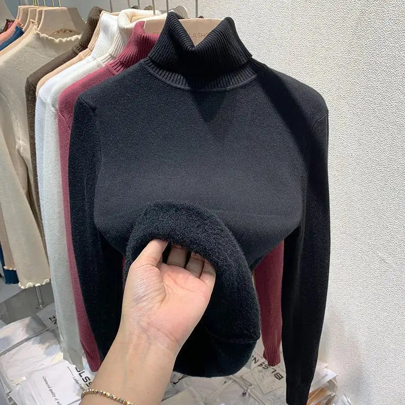 2025 Women’s High Collar Pullover Sweater – Thick Warm Soft Winter Top | Solid Color Bottoming Shirt