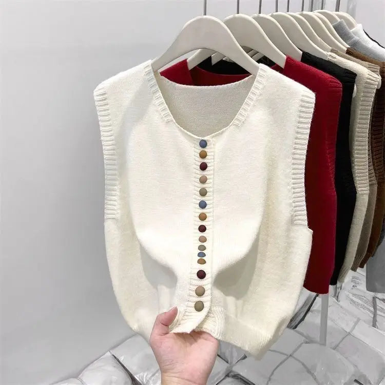 Women’s Rainbow Knit Sweater Vest | Autumn V-Neck Cardigan | Soft Button-Up Loose WaistcoatWomen’s Rainbow Knit Sweater Vest | Autumn V-Neck Cardigan | Soft Button-Up Loose Waistcoat