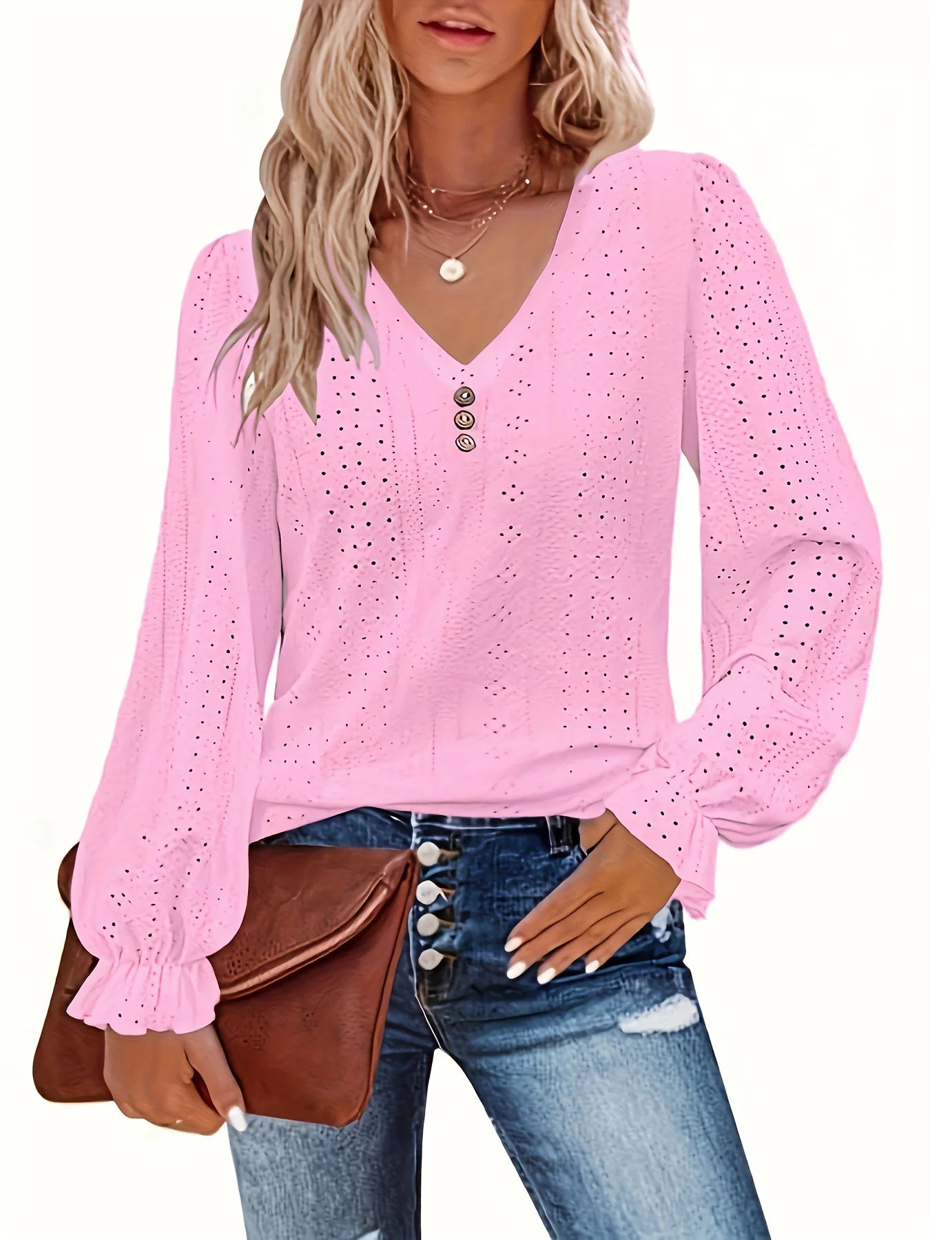 Plus Size Eyelet Button V-Neck Long Sleeve T-Shirt – Casual Spring & Fall Women’s Top 👚✨