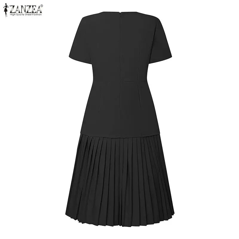 Women Pleated Dress 👗 Elegant O-Neck Short Sleeve Fitted Waist A-Line Knee-Length Dress 🌸 ZANZEA Fashion