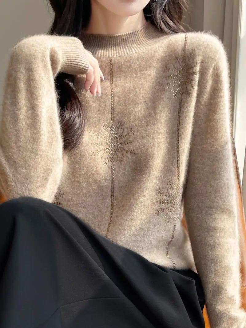 Women Christmas Sweater – Mock Neck Long Sleeve Thick Warm Pullover | Autumn Winter Knitted Loose Jumper Red