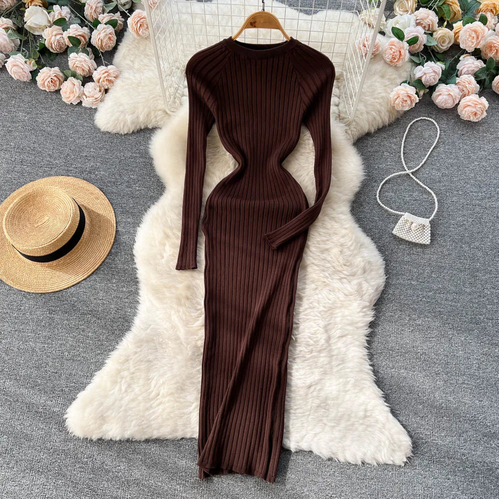 SINGREINY Winter Women’s Knit Maxi Dress – Slim Solid O-Neck Long Sleeve Pencil Sweater Dress | Autumn Harajuku Fashion