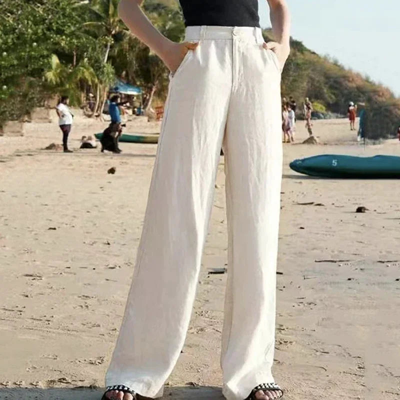 Women’s Summer Baggy Cotton Linen Pants | High Waist White Wide Leg Casual Trousers