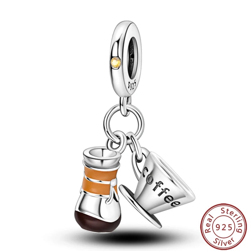 925 Sterling Silver Dessert Afternoon Tea Charm – Coffee, Cake, Pizza & Fries Beads Fit Original Pandora Bracelet DIY Jewelry