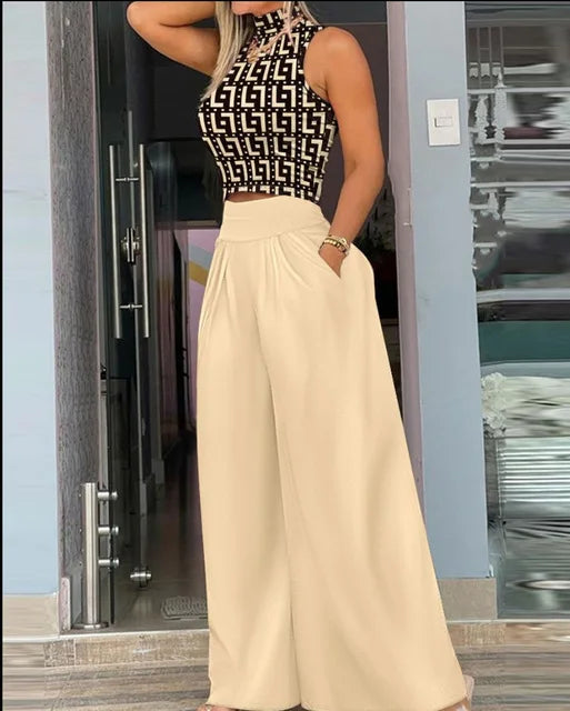 2025 Summer Fashion Printed Two Piece Set Women – Sleeveless Tank Top & Wide Leg Pants 🌞👚👖