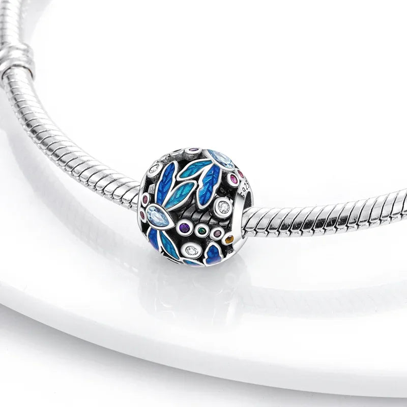 925 Sterling Silver Blue Series Charm | Dragonfly, Butterfly, Bird & Pansy Flower Pendant for 4MM Bracelet