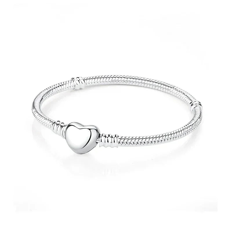 925 Sterling Silver Heart & Star Moon Bracelet | Pave Zirconia Snake Chain, Cat Claw Love Bangle for DIY Jewelry