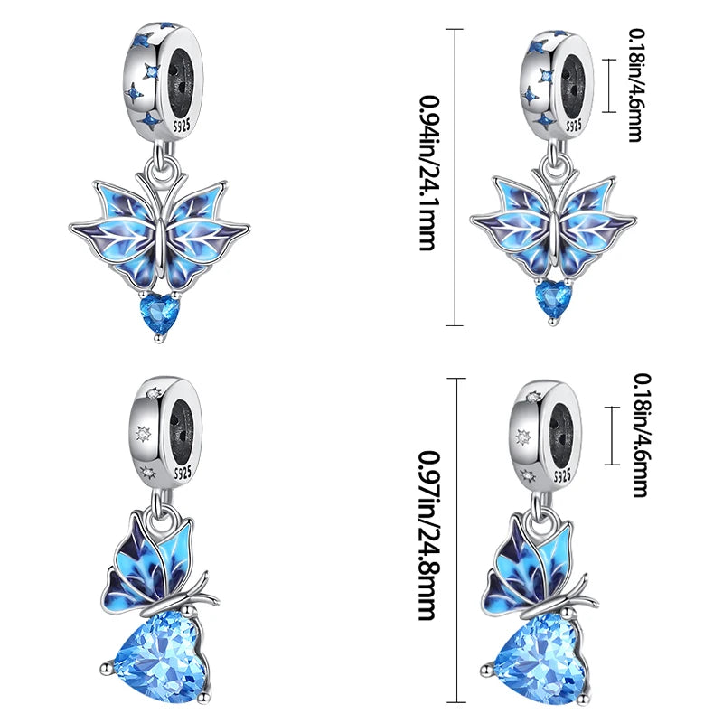 925 Sterling Silver Blue Series Charm | Dragonfly, Butterfly, Bird & Pansy Flower Pendant for 4MM Bracelet