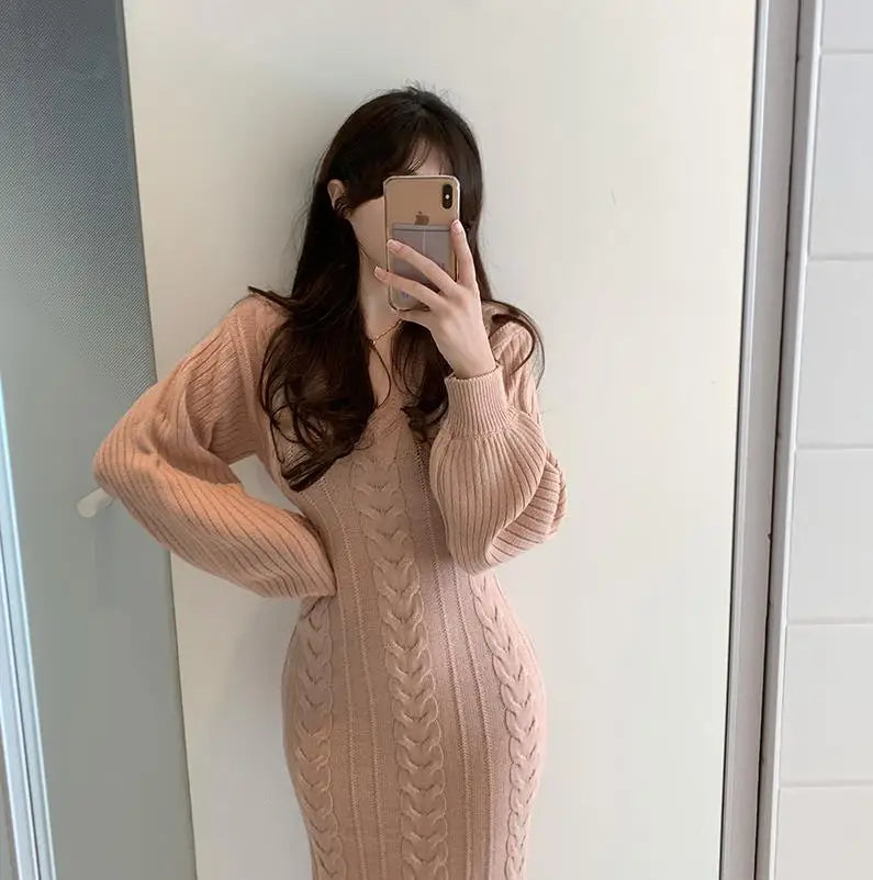Women's V-Neck Knitted Sweater Bodycon Dress – Autumn Winter Long Lantern Sleeve Slim Fit Fashion Dress