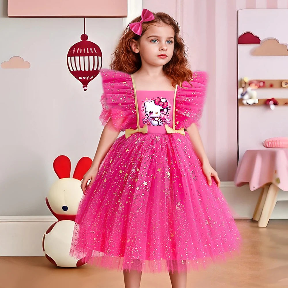 Hello Kitty Girl Party Dress Christmas Birthday School Holiday High Waist Tulle Dress Bow Wedding Gown Kids Wear Princess Dress