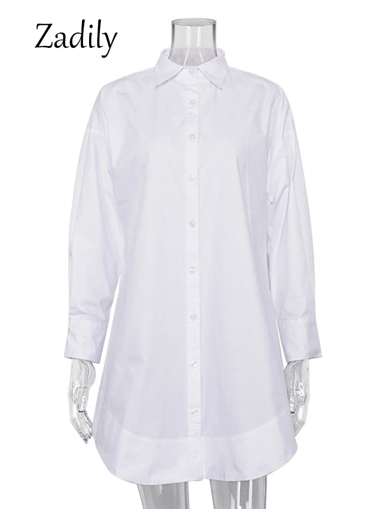 Zadily Autumn 2025 Women’s Oversized White Long Shirt – Minimalist Patchwork Button-Up Work Blouse
