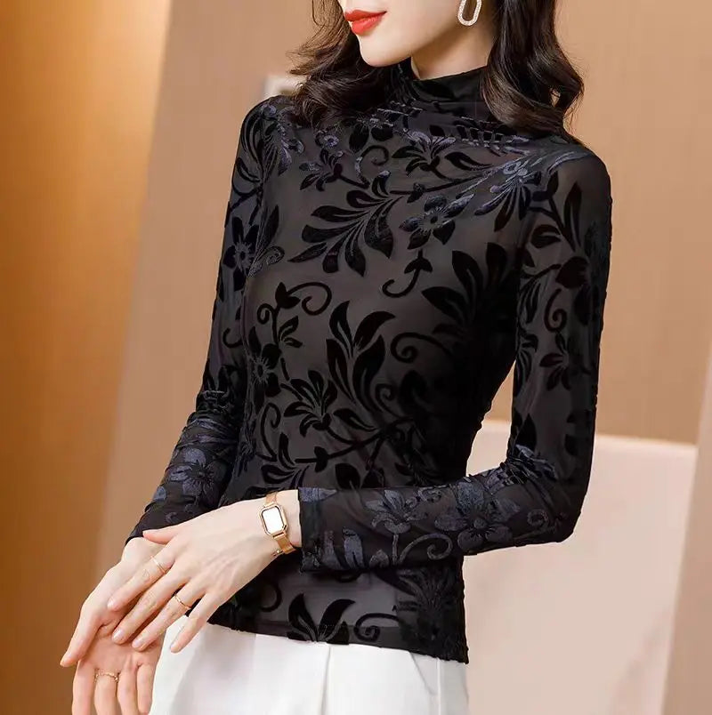 2026 Spring High Collar Women’s Mesh T-Shirt – Korean Flocking Flower Sexy Long Sleeve Top 🌸✨