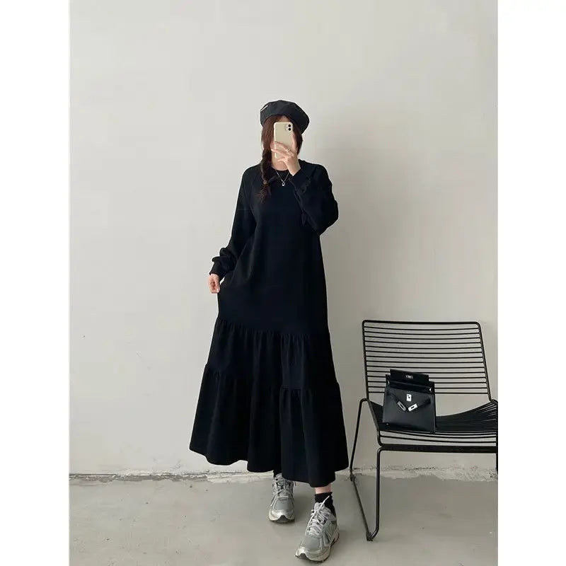 Plus Size Casual Long Sleeve Dress for Women | Loose Fit Patchwork Autumn Dress | Tummy Covering Comfortable Long Dress