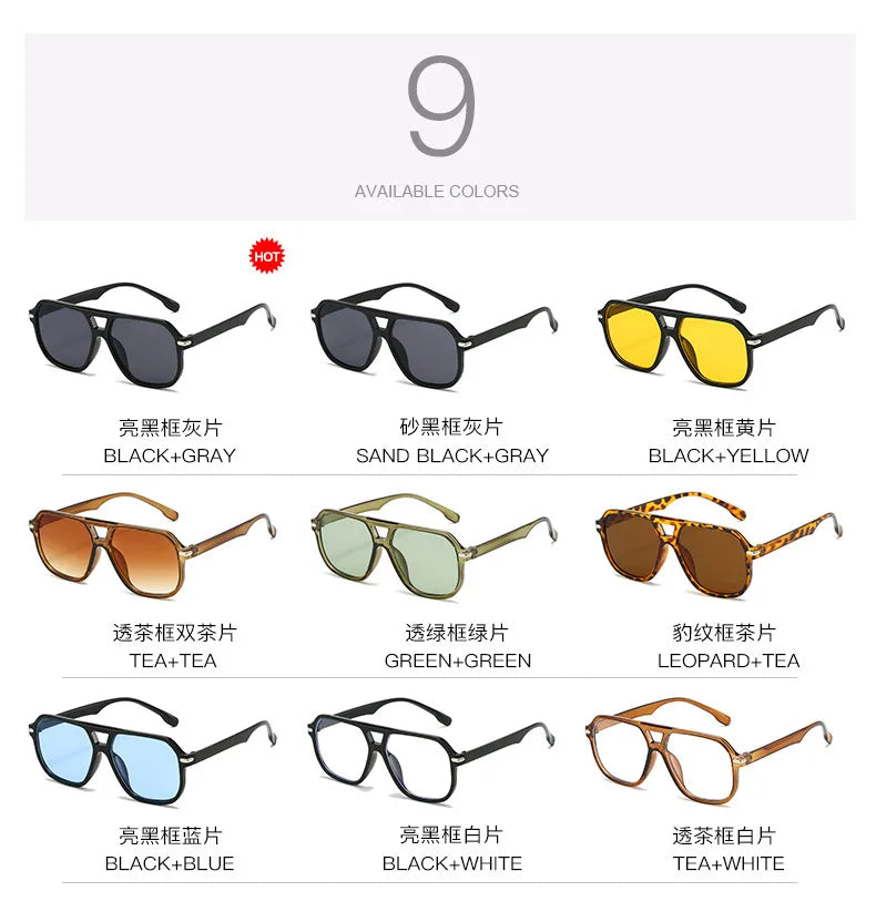 Retro Big Frame Square Sunglasses – Women & Men Double Beam One-Piece Designer Pilot Sun Glasses | Black Circular Cool Shades