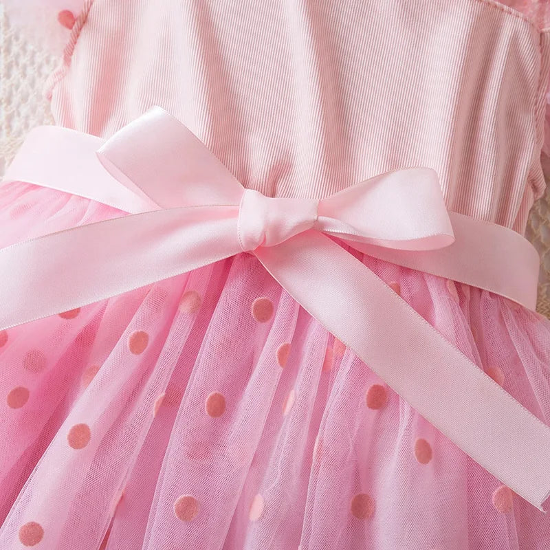 Hello Kitty Summer Kids Girls  Ruffles Sleeves Elegant Princess Mesh Dresses Girls Birthday Party Casual Sweet Dresses 2-6Y