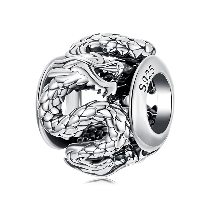 BAMOER 925 Sterling Silver Phoenix & Dragon Charm | Retro Hollow Round Bead | Fits Original Bracelet DIY Jewelry Accessories