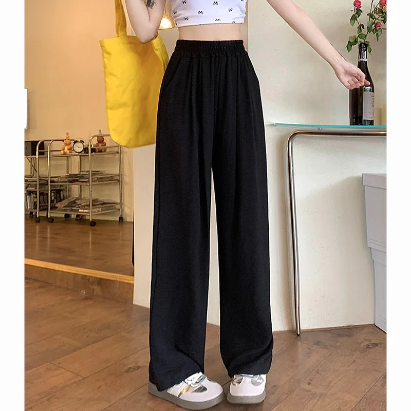Summer Women Colorful Ice Silk Pants | High Waisted Wide Leg Trousers | Baggy Straight Leg Casual Pants