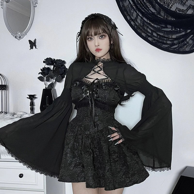 Dark Black Goth Top | Women’s Vintage Flared Sleeve Gothic T-Shirt Y2K Party Wear