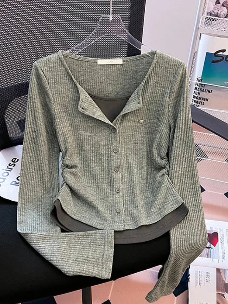 Unique Design Long Sleeve Slim Fit T-Shirt – Women's Plus Size Early Autumn Base Shirt, Korean Style Knitted Top