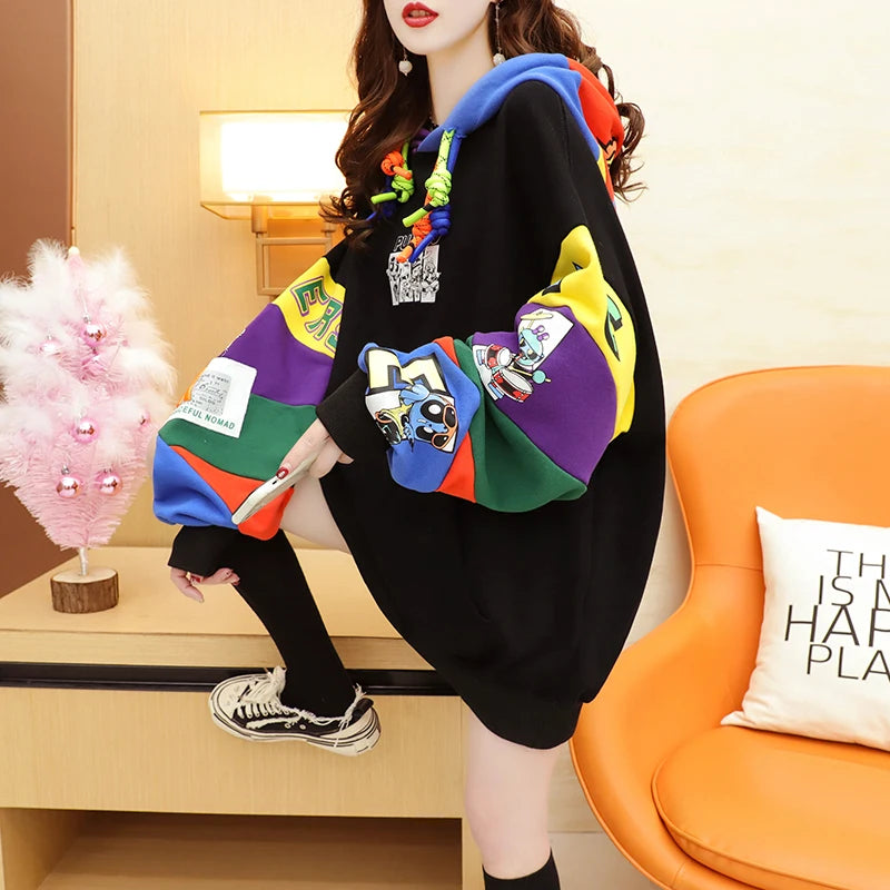 Plus Size Women’s Hoodie – Fleece-Lined Mid-Length Jacket | Autumn Winter Trendy Korean Style Long Sleeve Sweatshirt