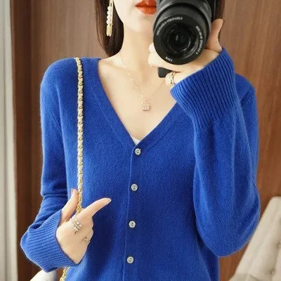 Women Cardigans V-Neck Long Sleeve Knitted Outerwear – Korean Fashion Solid Thin Spring Autumn Sweater