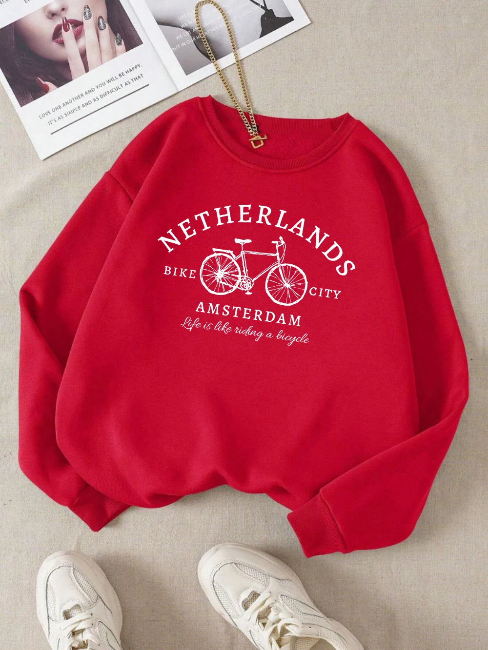 Netherlands Amsterdam Bike Design Pullover | Women’s Fleece Sweatshirt | Autumn Loose Crewneck Casual Top
