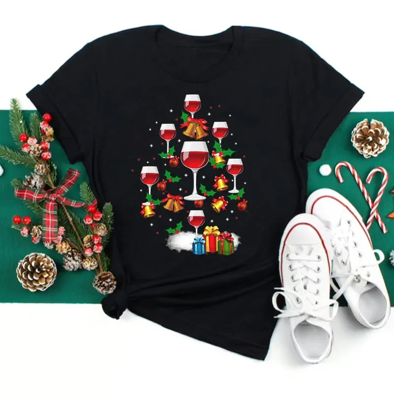 Women’s Christmas Wine Glass T-Shirt | Funny Holiday Black Tee Xmas Gift Top 2025
