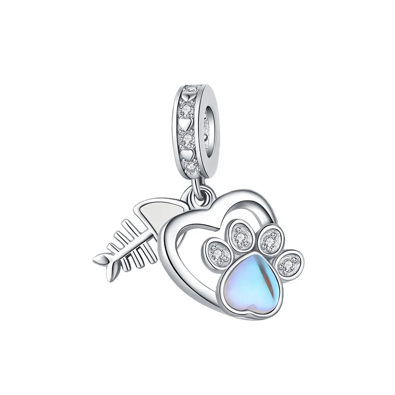 925 Sterling Silver Pink Cat & Dog Paw Charm Bead | Animal Claw Bone Beads for 925 Bracelet DIY Jewelry Gift