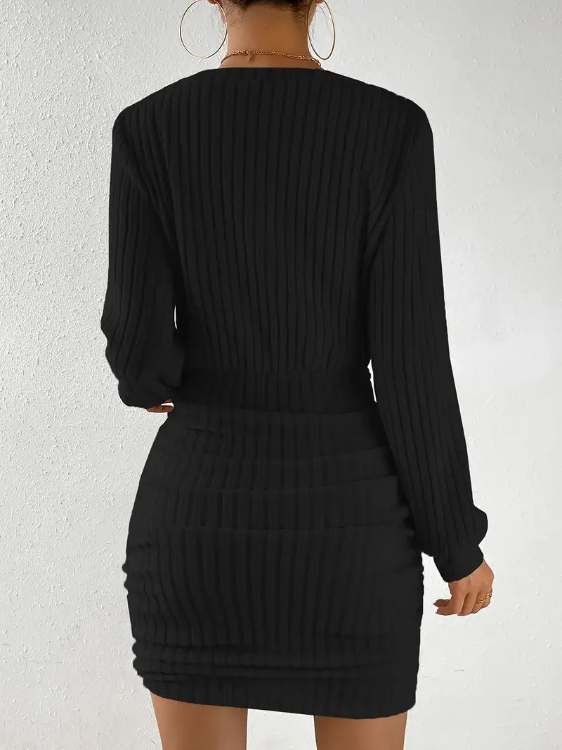 Women’s Autumn Winter Knitted Sweater Mini Dress – Casual Solid Wrap V-Neck Long Sleeve Warm Bodycon Short Dress