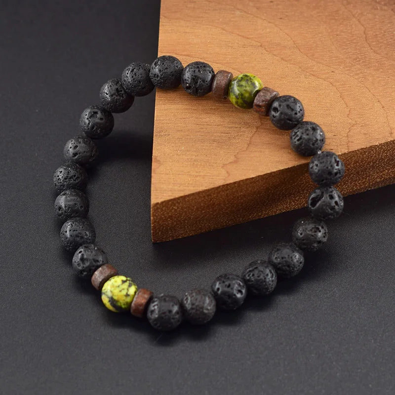 Yellow Grass Turquoise & Lava Stone Beads Bracelet | Natural Wooden Elastic Bracelet for Women Friendship Gift