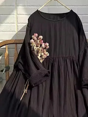 Artistic Vintage Plus Size Women's Long Dress – High Waist Loose A-Line Doll Dress, Ethnic Style Commuter Mid-Length Skirt