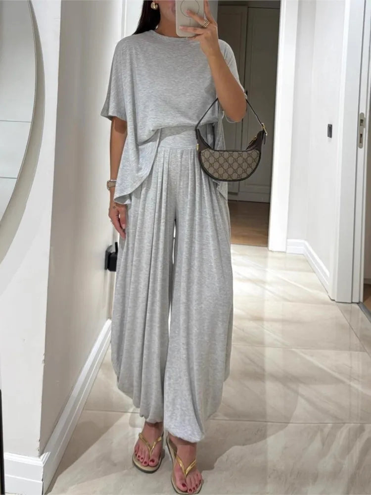 Casual Women’s 2-Piece Set – Short Sleeve T-Shirt & High Waist Wide-Leg Trousers Summer Fashion 🌿☀️