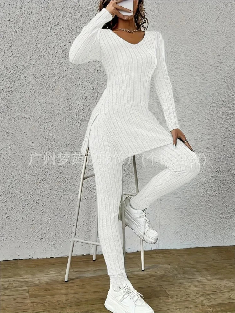 Women’s Knitted 2-Piece Set 🌸 V-Neck Pullover & Trousers Spring/Autumn ✨