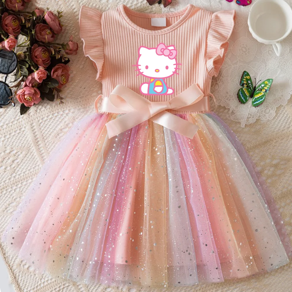 Hello Kitty Flying Sleeves Bow Sequin Princess Dress for Girls | Birthday Party Tutu Dress | Fluffy Baby Girl Dress 1–5 Years