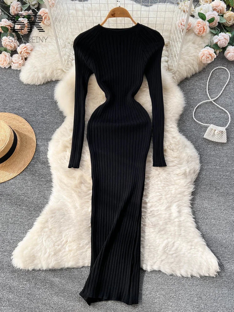 SINGREINY Winter Women’s Knit Maxi Dress – Slim Solid O-Neck Long Sleeve Pencil Sweater Dress | Autumn Harajuku Fashion