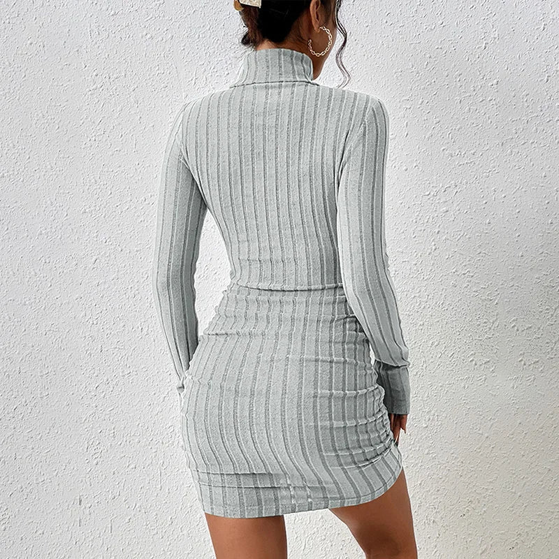 Women’s Autumn Winter Turtleneck Bodycon Mini Dress – Long Sleeve Solid Sheath Sexy Club Party Knitted Dress