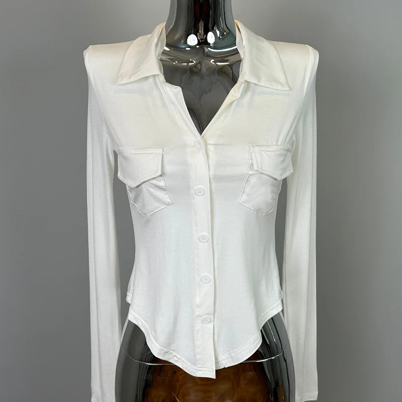 Sexy Button-Up Slim Fit Blouse – Women’s Early Autumn Korean Style Double Pocket Swing Top