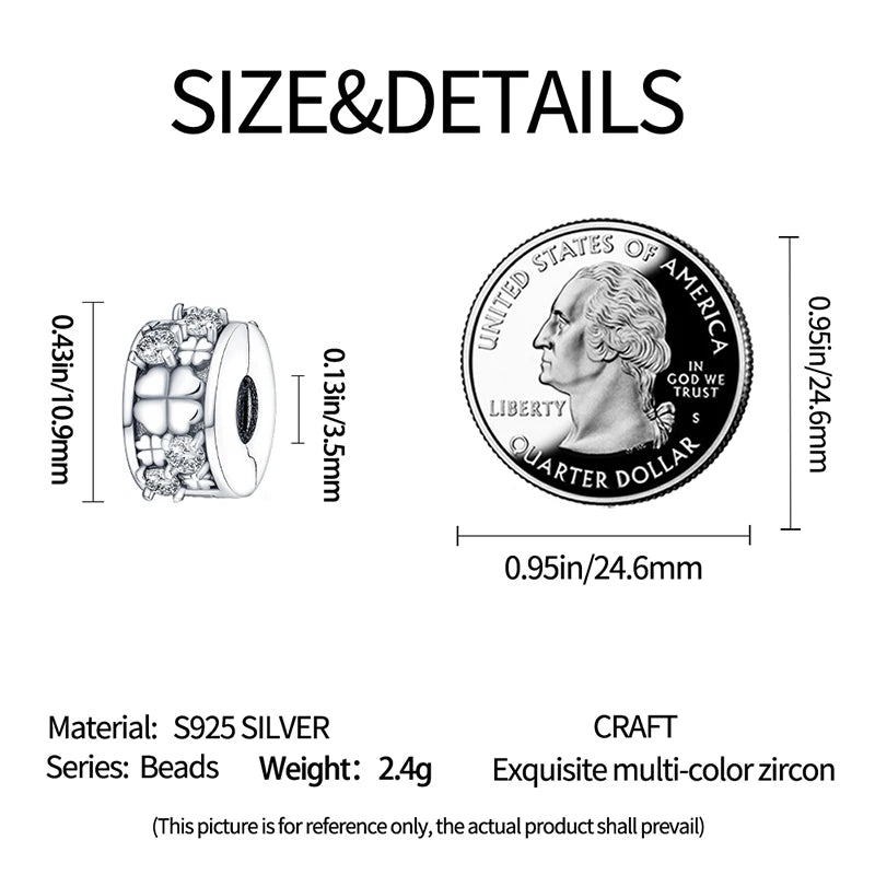925 Sterling Silver Pave Clip Charms with Safety Chain | Colored Beads Stopper Clasp Fit Original Pandora Bracelet Jewelry