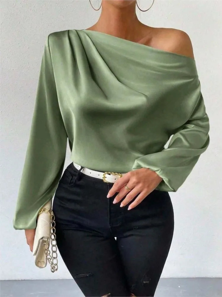 2025 Women’s One-Shoulder Elegant Blouse – Sexy Solid Color Long Sleeve Foreign Style Top 👚✨