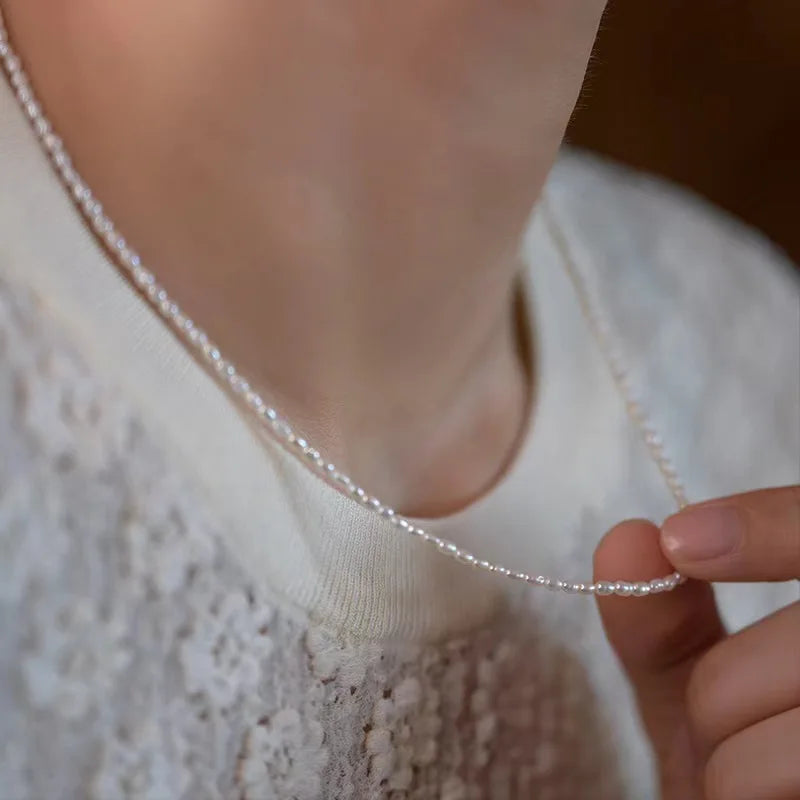 Dainashi 925 Sterling Silver Freshwater Pearl Necklace – 2.5–3.5mm Rice Shape Pearl Choker for Women Jewelry Gift