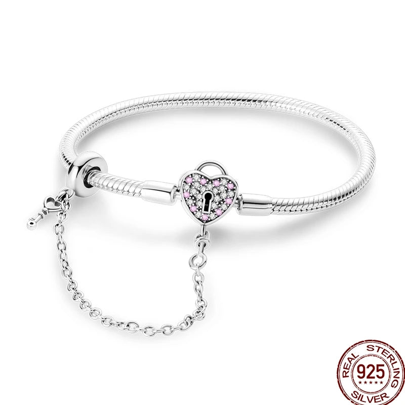 925 Sterling Silver Heart Moon Sun Clasp Charm Bracelet | 17–20CM Original Bracelet for Women | Fits Pandora DIY Beads Jewelry