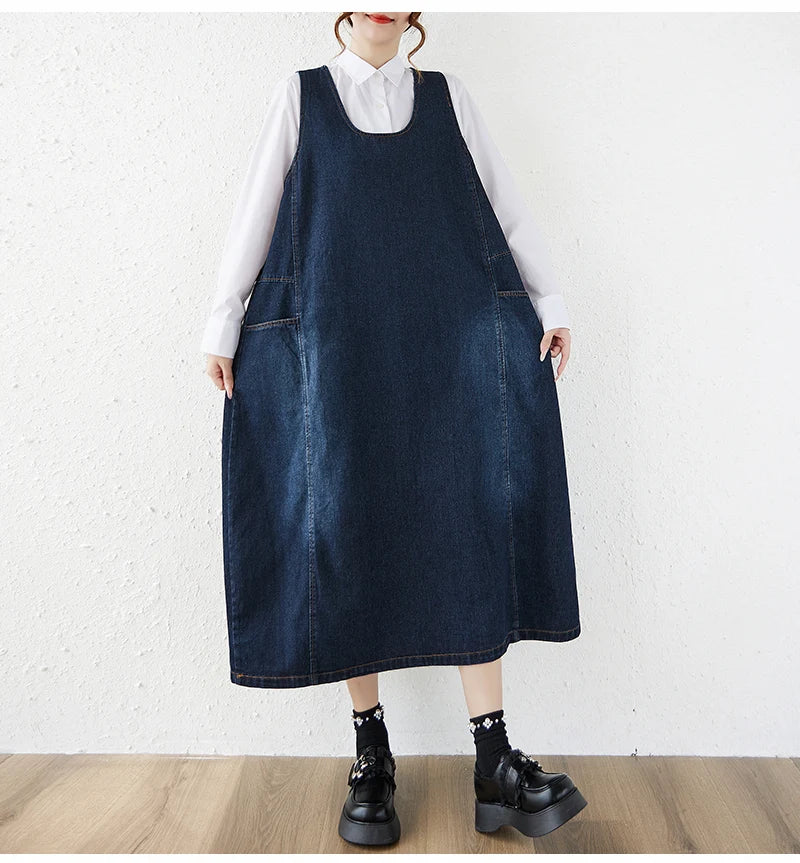 Loose Korean Style Plus Size Denim Vest Skirt – High Waist Over-Knee Slimming Cotton Jeans Corset Casual Dress for Women