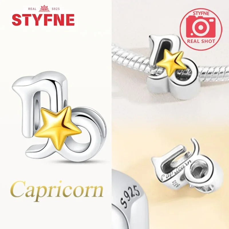 925 Silver Plated Twelve Constellations Charms Star Beads for Bracelet DIY Jewelry