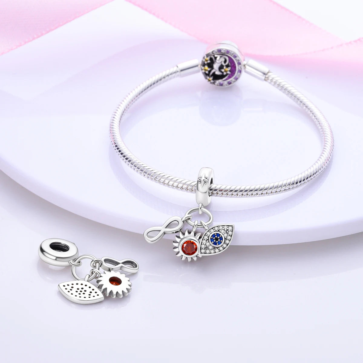 Silver Plated Colorful Glowing Moon & Stars Rainbow Dangle Charms | Fit Original Bracelet & Necklace | Women’s Jewelry Beads