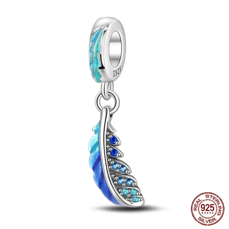 925 Sterling Silver Blue Series Charm | Dragonfly, Butterfly, Bird & Pansy Flower Pendant for 4MM Bracelet