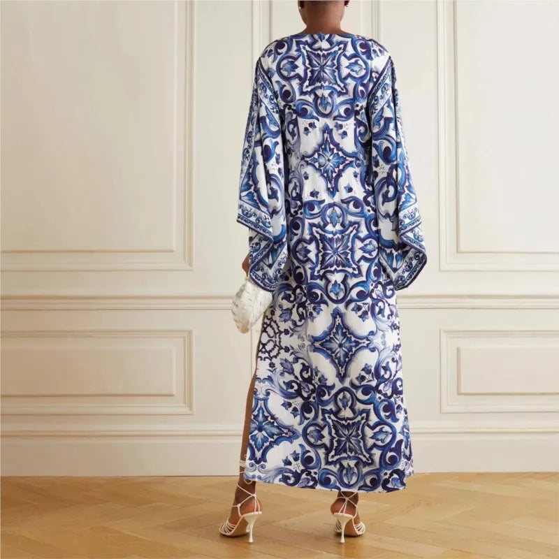 New Spring O-Neck Long Sleeve Maxi Dress for Women | Elegant Loose Commuting Dress | Blue & White Porcelain Print with Side Split
