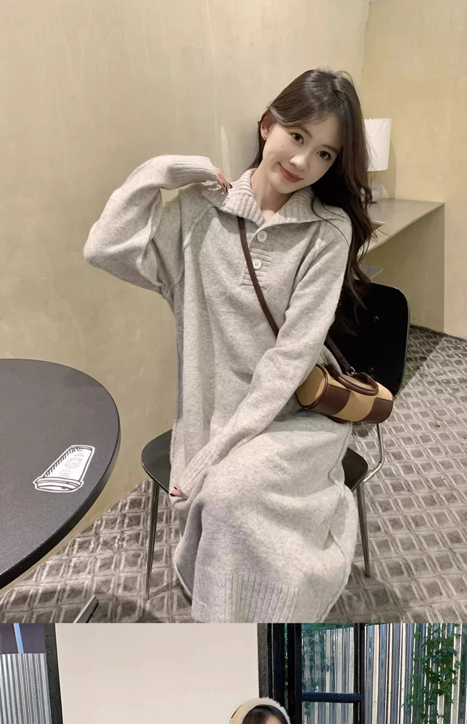 Women’s V-Neck Knitted Dress – Loose Fit Mid-Length Knee-Over Sweater Dress, Autumn Winter Base Layer Inner Wear